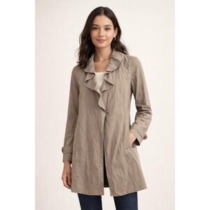 Ann Taylor LOFT Womens Khaki Ruffle Collar Belted Trench Coat Jacket Tan Medium